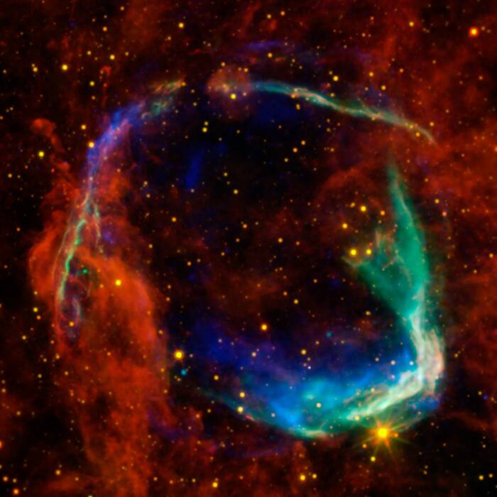NASA image combines data from four space telescopes to create a multi-wavelength view of all that remains of RCW 86, a supernova
