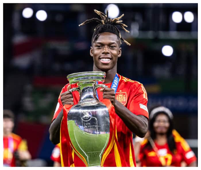 Nico Williams poses with Euro 2024 trophy after Spain beat England in final 