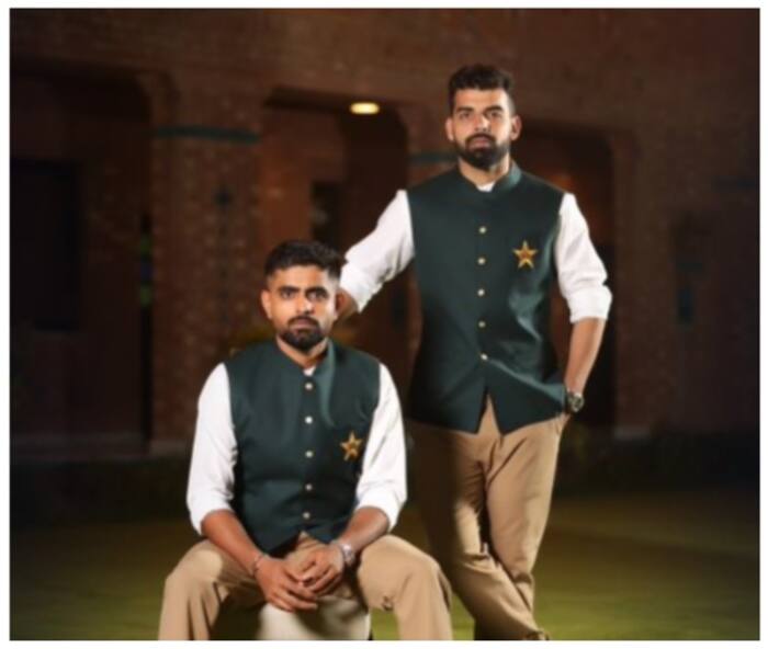 Pakistan captain Babar Azam and vice captain Shadab Khan pose before flying to India 