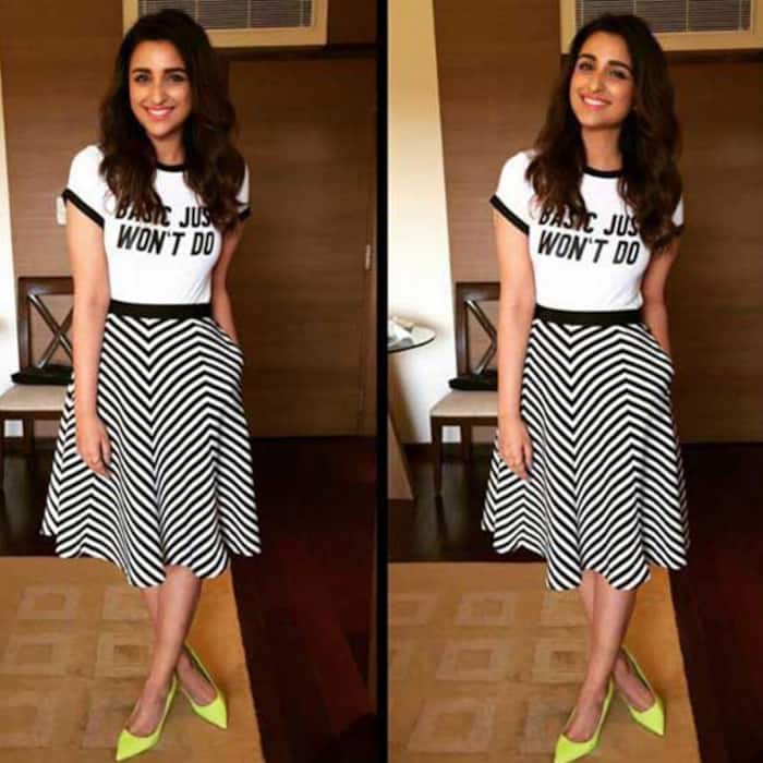 Parineeti Chopra pairing her stylish skirt with quoted tee-shirt
