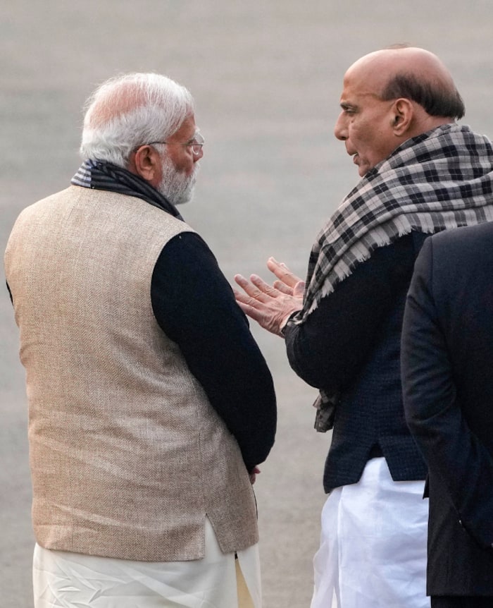 Prime Minister Narendra Modi with Defence Minister Rajnath Singh during the Beating Retreat ceremony  at Vijay Chowk in New Delhi 