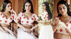 Priya Prakash Varrier Shares Traditional Onam Look in Gorgeous White Lehenga With Floral Blouse And Jasmine Flowers