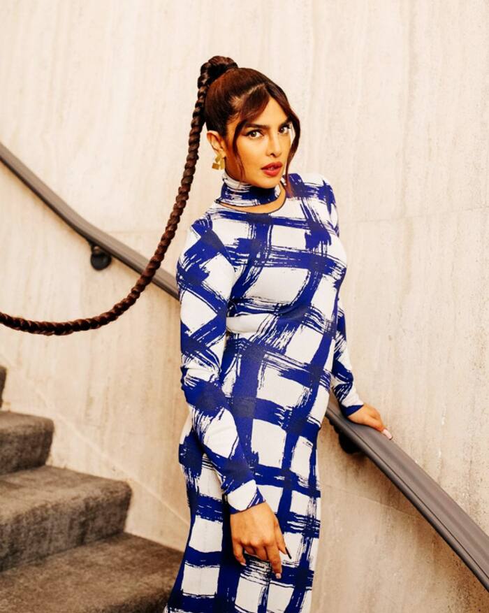 Priyanka Chopra Opted For a Blue And White Mid-Length Gown