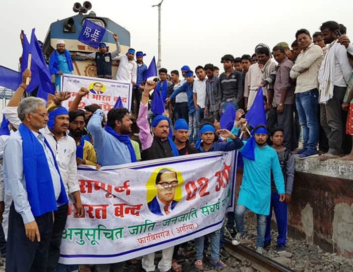 Protesters stop train at Forbesganj Junction in Bihar over SC ST Protection Act
