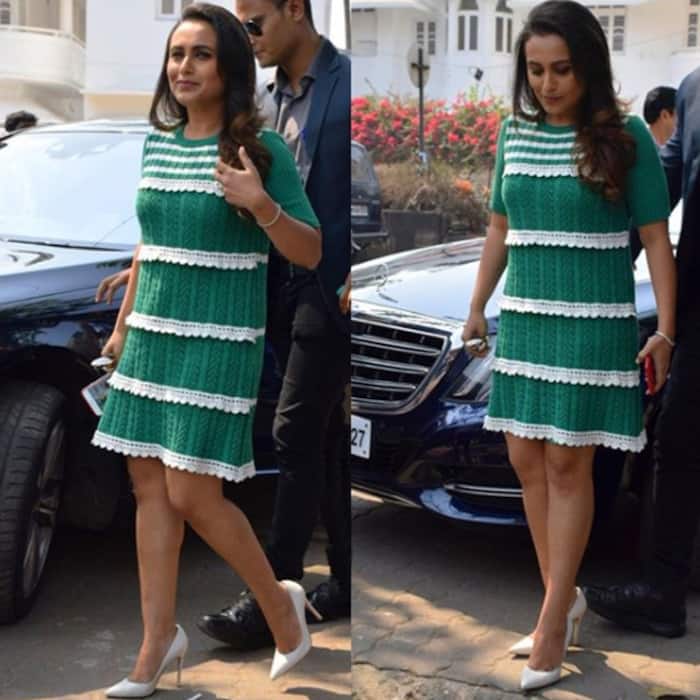 Rani Mukherji in green midi outfit for Hichki promotions