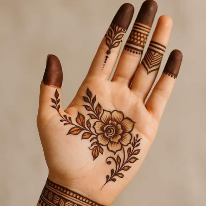 Simple floral mehndi design: Delicate flowers and leaves perfect for an elegant and timeless Teej look.