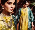 Sonam Kapoor Looks Her Elegant Best in Silk Brocade Yellow Kurti And Green Jacket