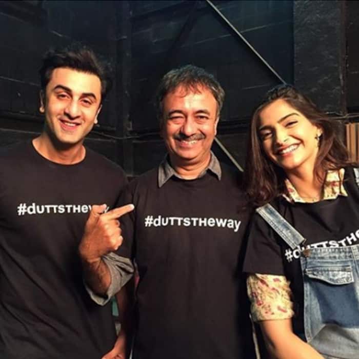 Sonam Kapoor, Ranbir Kapoor with Rajkumar Hirani at wrap up of Sanjay Dutt’s biopic