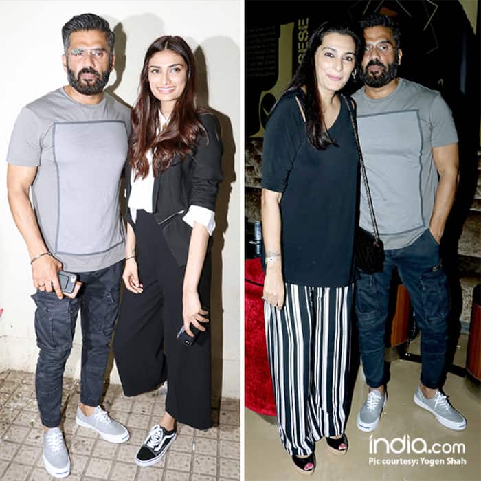 Suniel Shetty with daughter Athiya and wife Mana Shetty during Mubarakan screening
