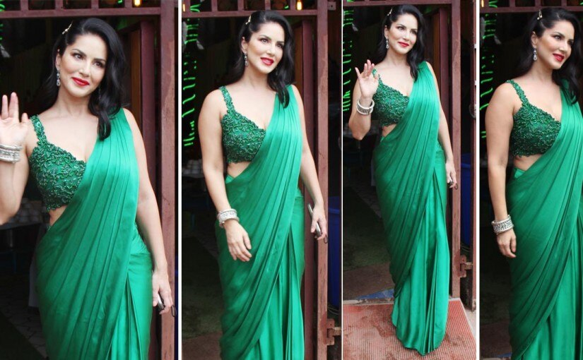 Sunny Leone Goes Sultry In Silky Green Saree And Bold Red Lips As She Waves  At Paps In These Unseen Photos | See Hot Pics