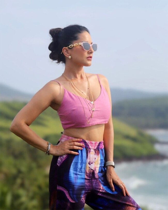 Sunny Leone is Pretty in Pink Strappy Crop Top And Trousers | PHOTOS