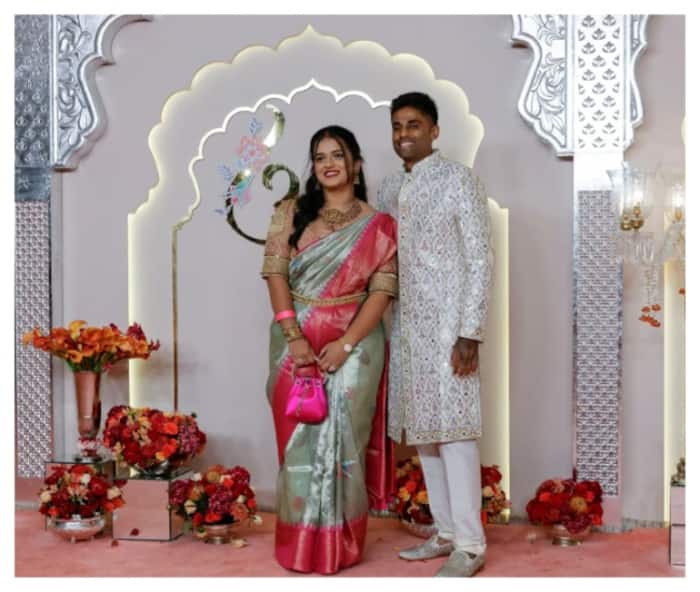 Suryakumar Yadav was in all smiles with wife Devisha Shetty at Anant Ambani and Radhika Merchants wedding.