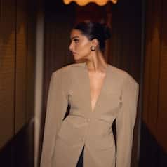 Tara Sutaria Exudes Boss Lady Vibes in a Classic Beige Chic Oversized Blazer and Mini Skirt