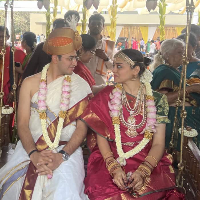 Tejasvi Surya and Sivasri Skandaprasad in their wedding attire 