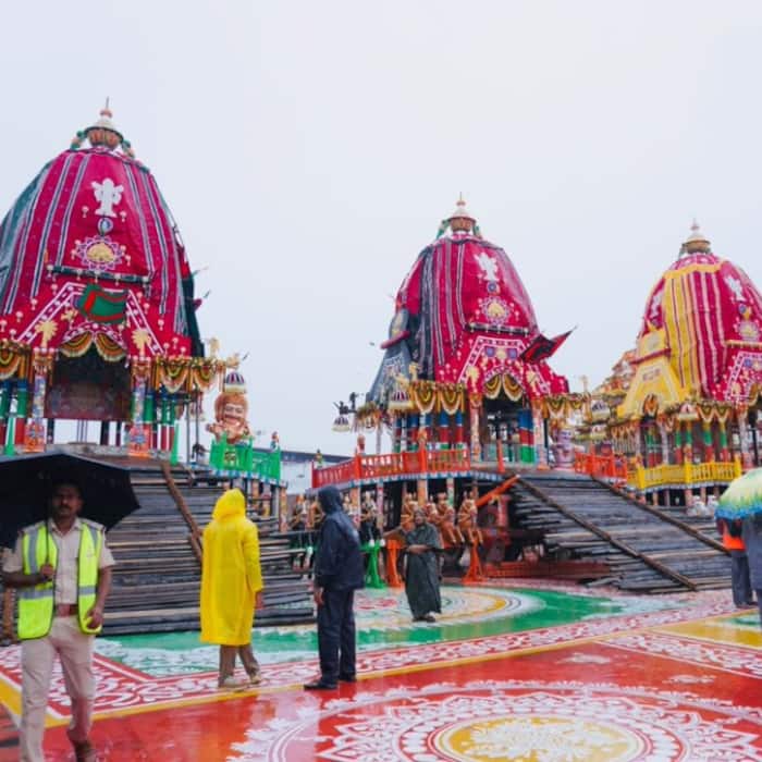 The majestic chariots lined up outside the Jagannath Temple