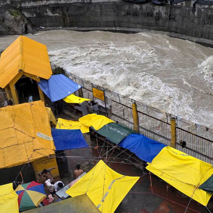 The water level of the Alaknanda river rises following monsoon rains near Badrinath Dham, in Chamoli district, Uttarakhand