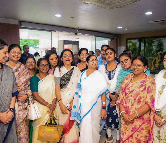 TMC supremo and West Bengal Chief Minister Mamata Banerjee with partys women MPs in New Delhi