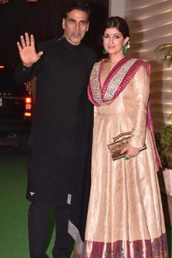 Twinkle Khanna in white brocade anarkali outfit