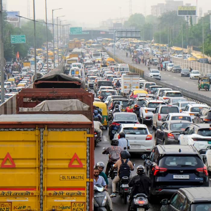 Vehicles stuck in traffic on the Gurugram- Sohna elevated road following rainfall, in Gurugram, Haryana