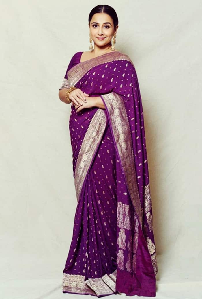 Vidya Balan s Aesthetic Look in Purple Banarasi Saree