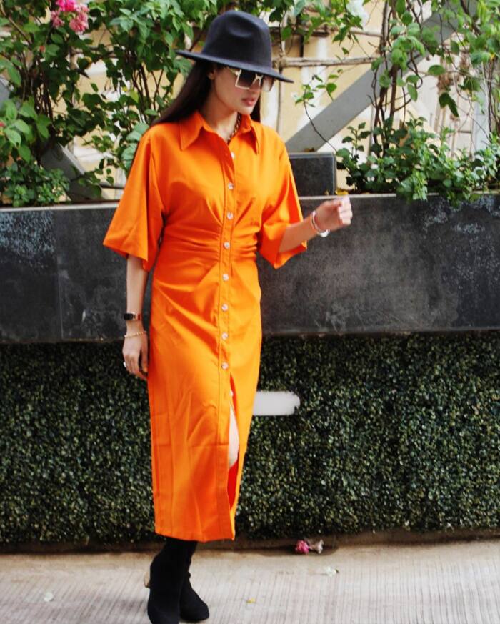 Yuvika Chaudhary rocks an orange shirt dress