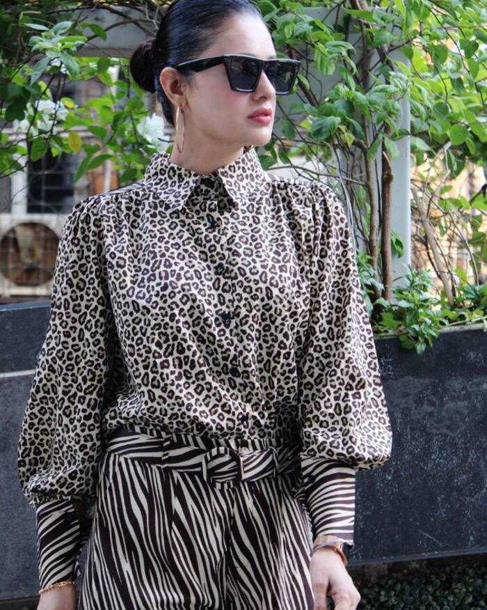 Yuvika Chaudhary wears a sexy shirt with zebra print shorts
